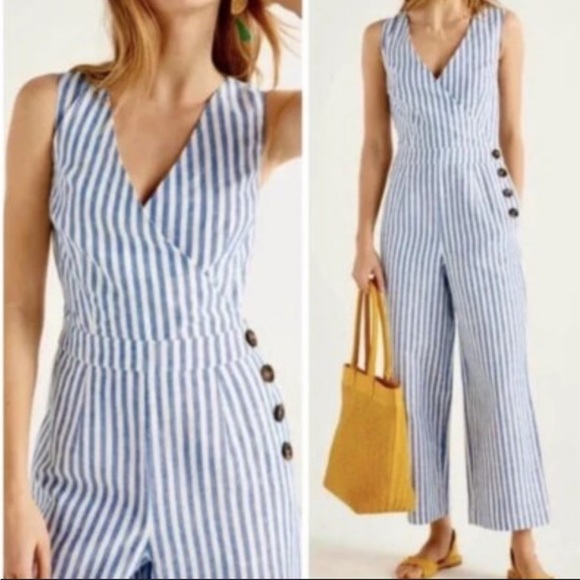 Boden Dorthea Striped Wide Leg Crop lined linnen blend back zip up jumpsuit 8 - Picture 1 of 15